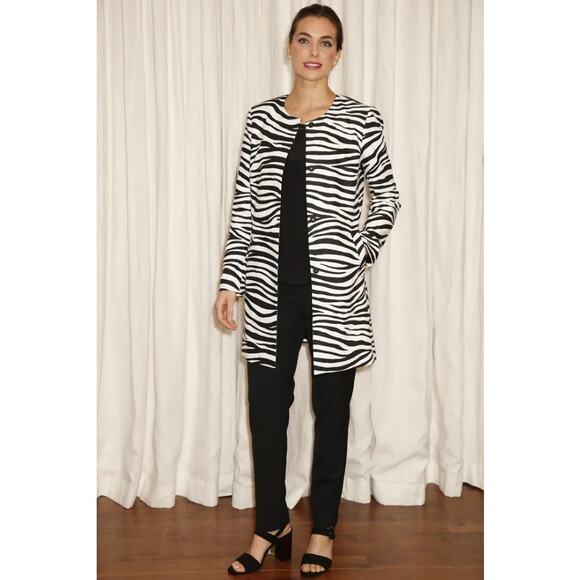 Talbots Women Plus Zebra Print Cotton Blend Collarless Longline Blazer Size 14W - Picture 9 of 13